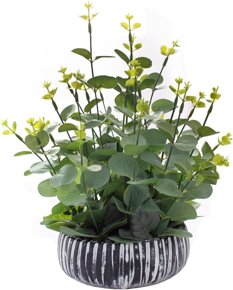 Artificial Eucalyptus Plant with Rustic Black Cement Pot for Home Office Decor