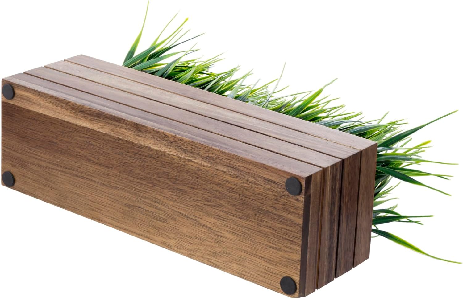 MyGift 14 Inch Artificial Grass in Acacia Wood Planter