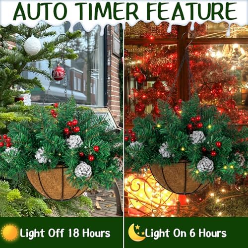 Ciaell 22inch Artificial Christmas Hanging Basket with LED Lights and Pine Cones Berries