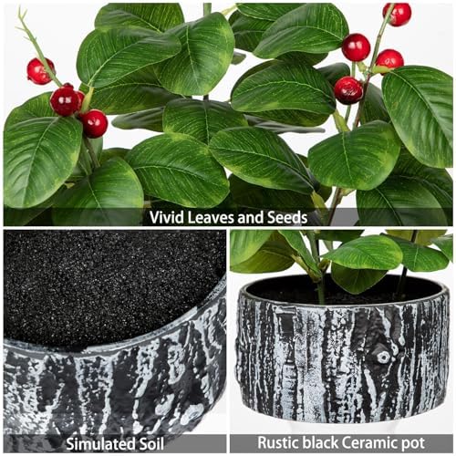 Artificial Ficus Plant with Red Seeds Rustic Black Ceramic Pot 14 Inch