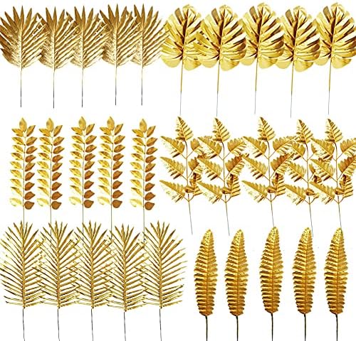 30PCS Artificial Golden Leaves Tropical Palm Faux Plants for Decor