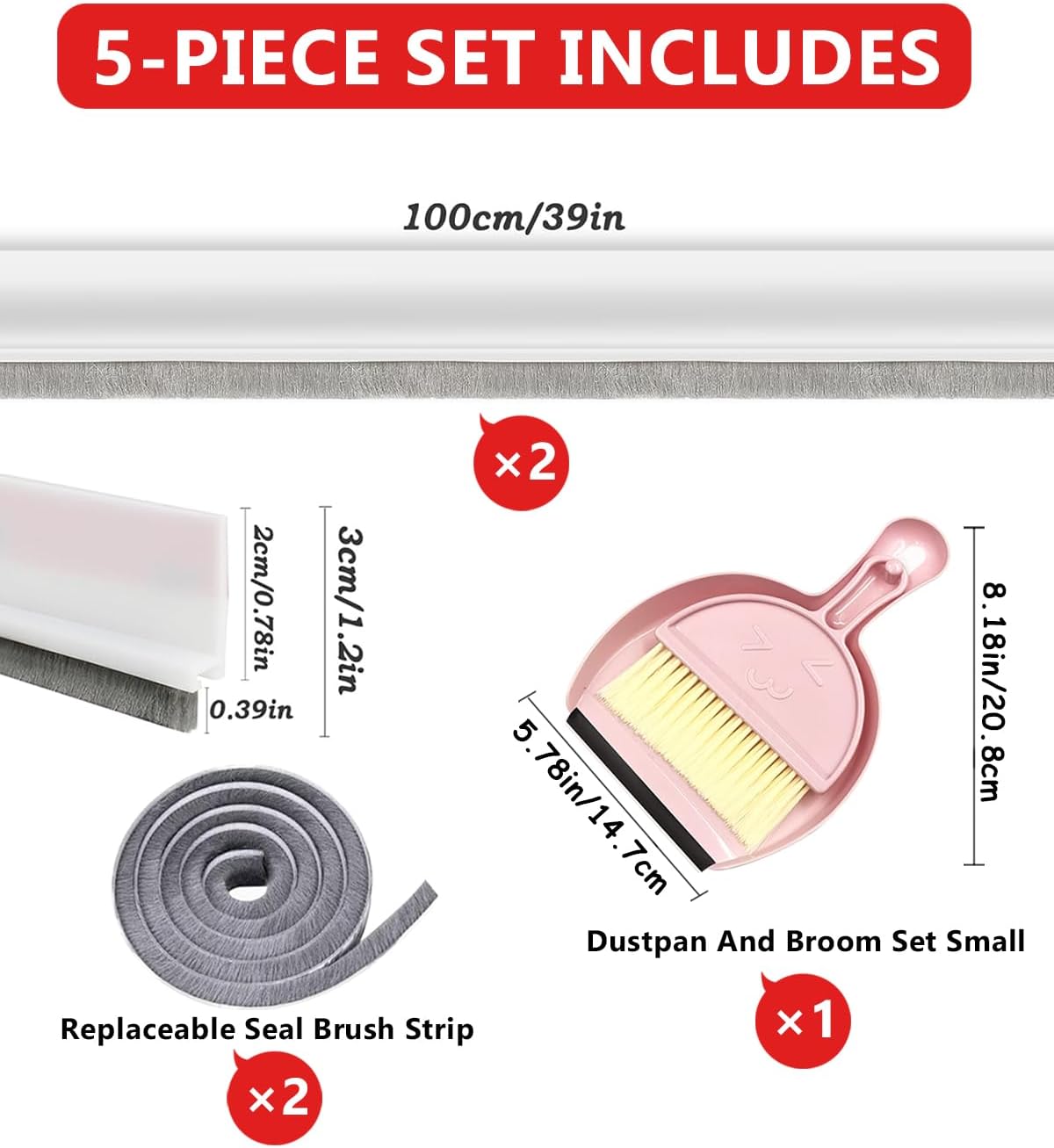 OHLLWERD Door Sweep Set 2 Pcs Under Door Draft Stopper with Brush Seals and Dust Pan