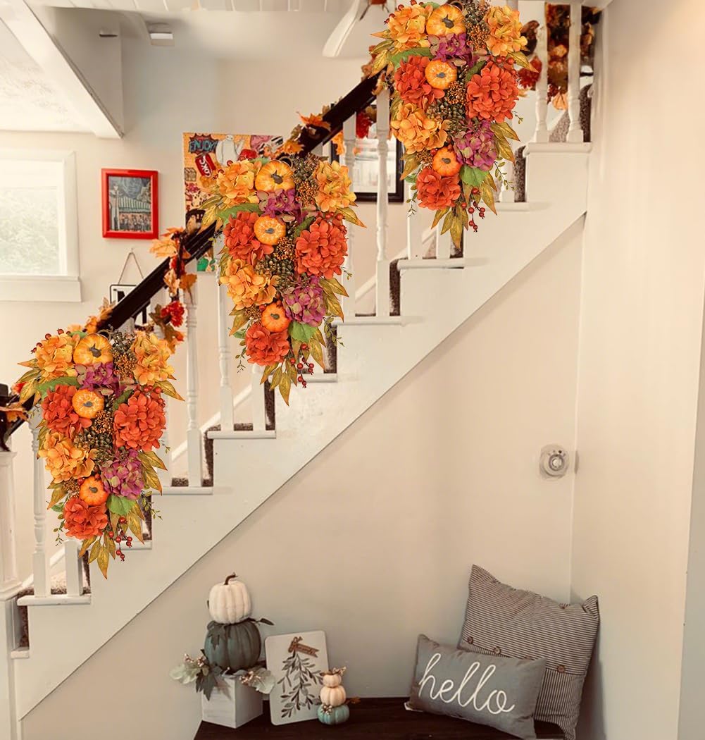 Artificial Teardrop Swag with Fake Hydrangeas and Pumpkins Fall Decor