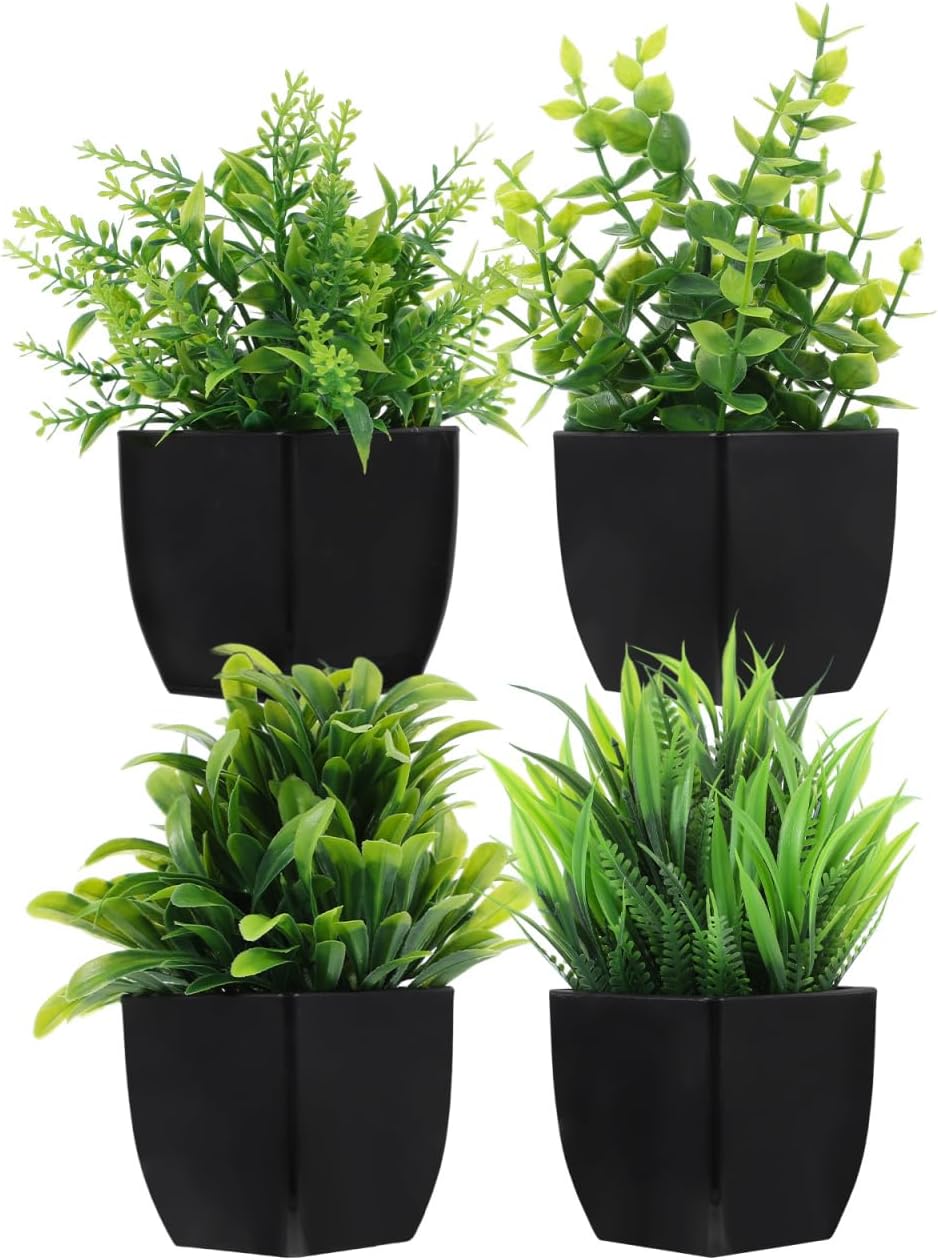 BESTYASH 4Pcs Small Faux Greenery in Black Pots Realistic Artificial Plants for Indoor Decor