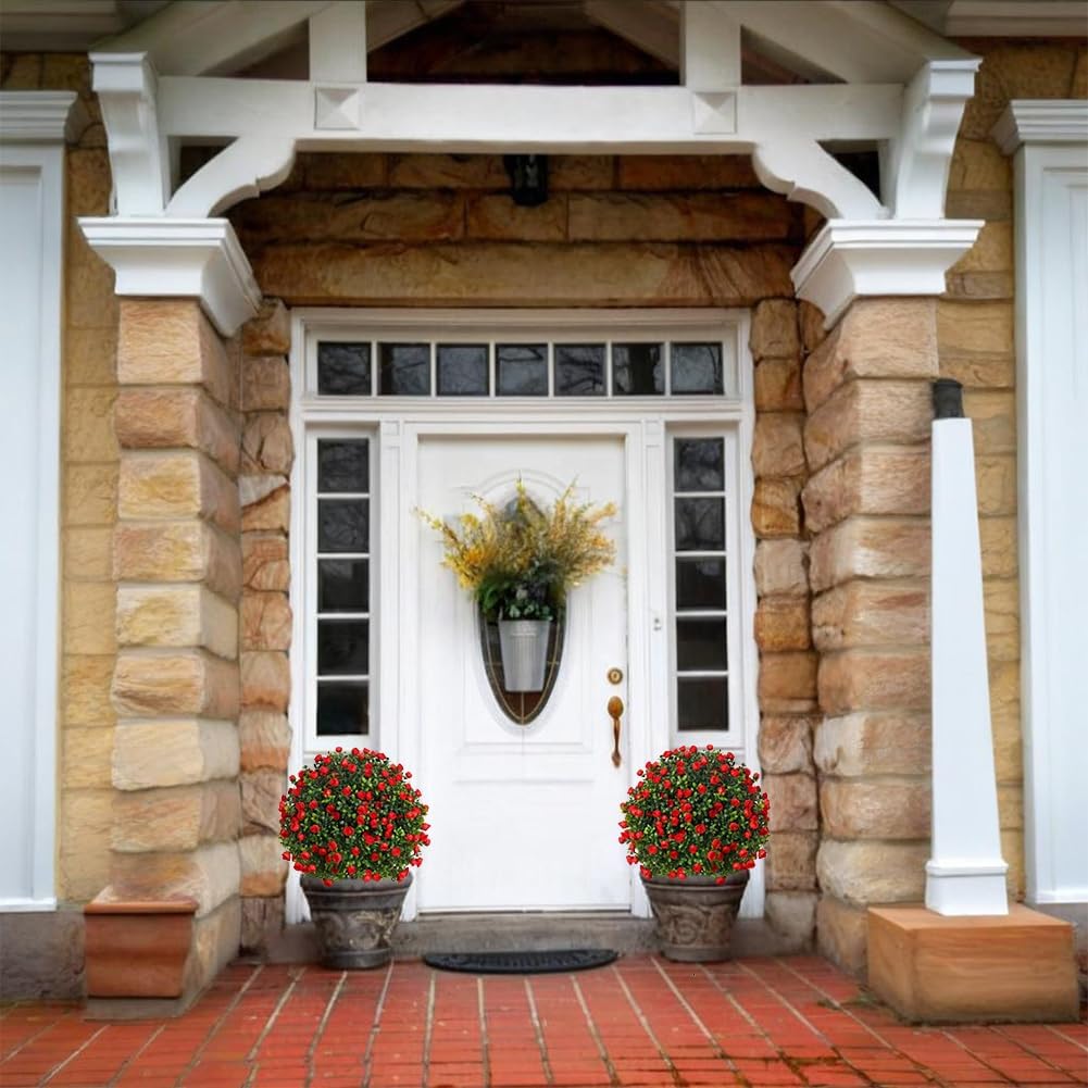 Set of 2 Artificial Boxwood Topiary Shrubs with Red Flowers Outdoor Decor