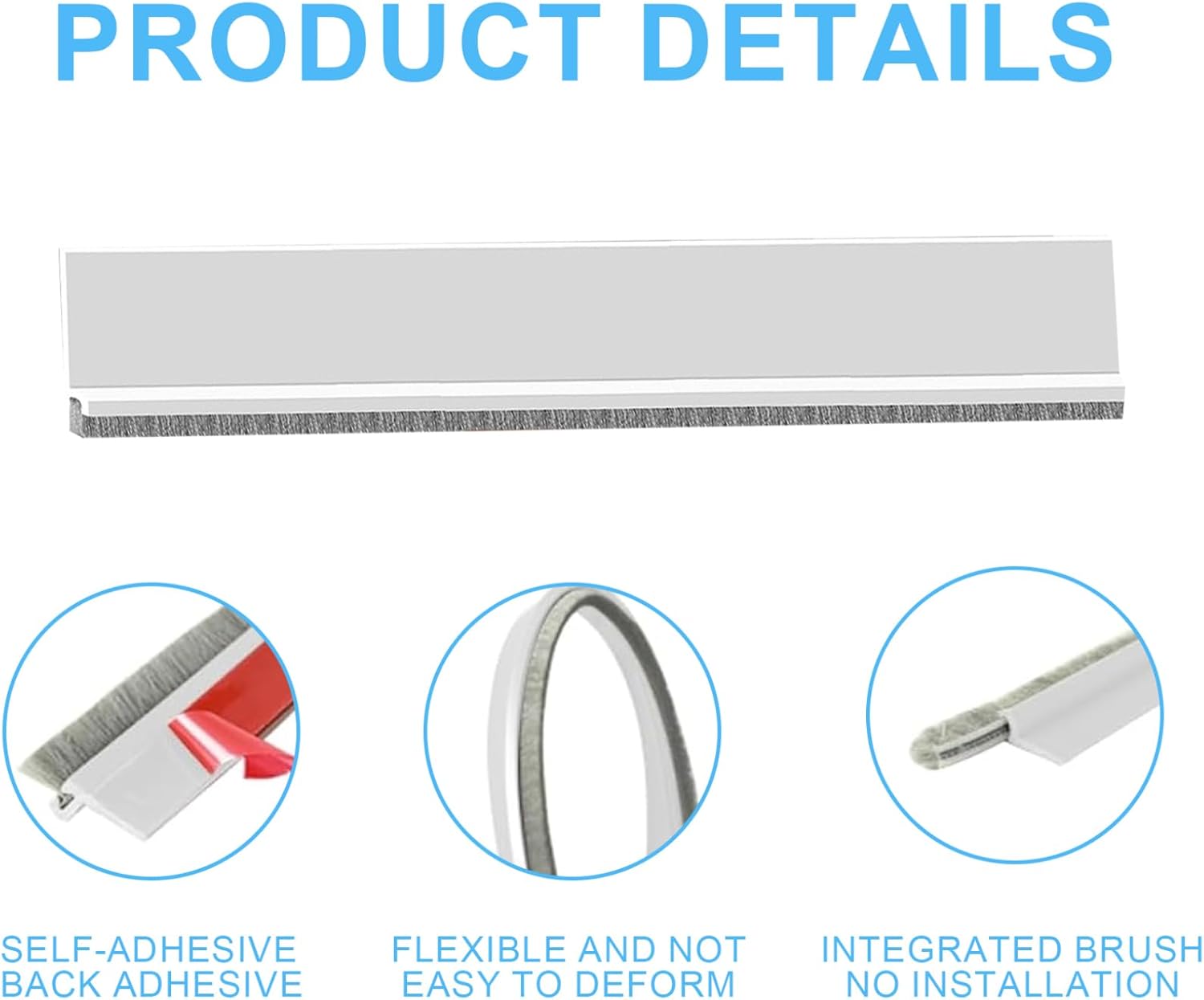 Door Draft Stopper with Brush - White 394x21inch