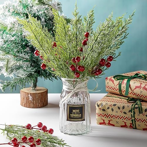 60 Pcs Set Artificial Pine Branches with Red Berries for Christmas