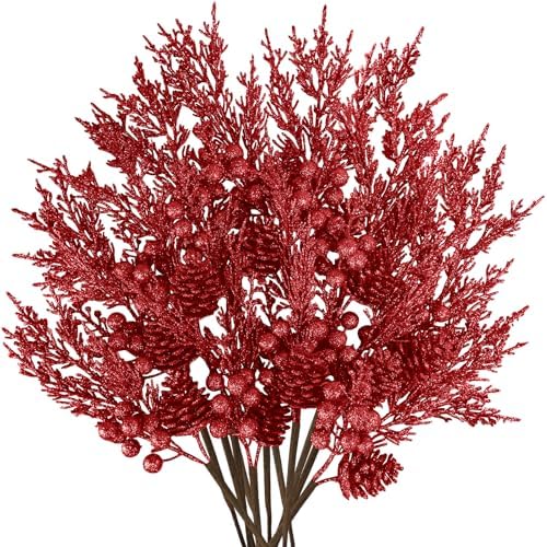 Winlyn 12 Pcs Red Glitter Artificial Pine Branches with Pinecone and Berries for Christmas Decor