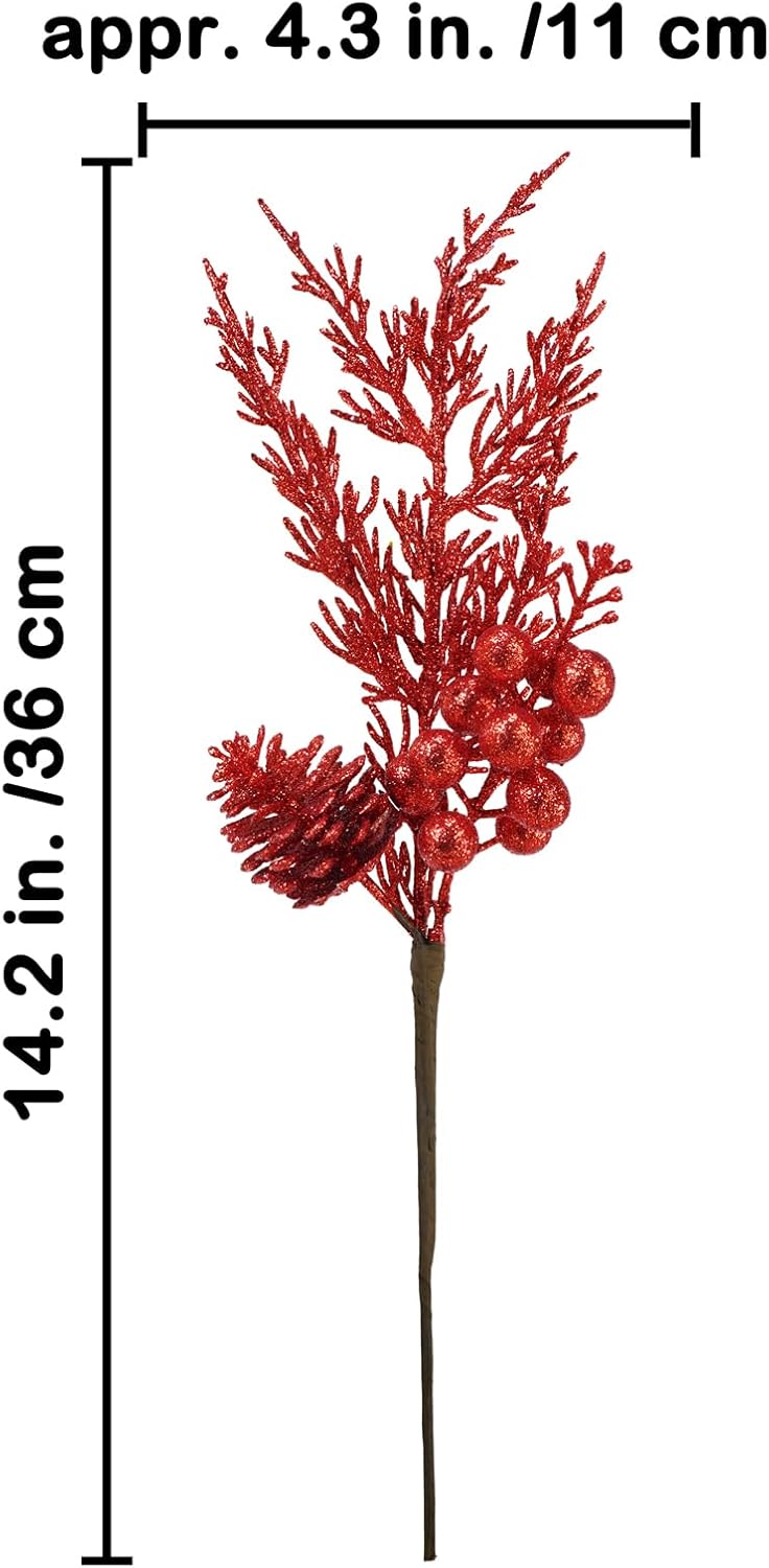 Winlyn 12 Pcs Red Glitter Artificial Pine Branches with Pinecone and Berries for Christmas Decor