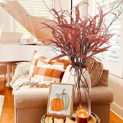 6Pcs Artificial Fall Leaves Grass Stems Red