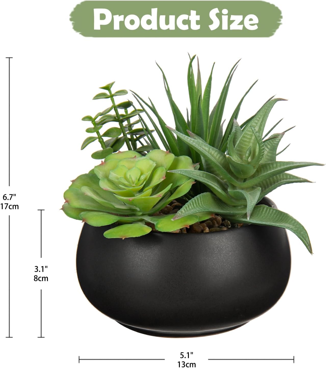 Hollyone Fake Plants Artificial Succulents in Black Ceramic Pots for Home Decor