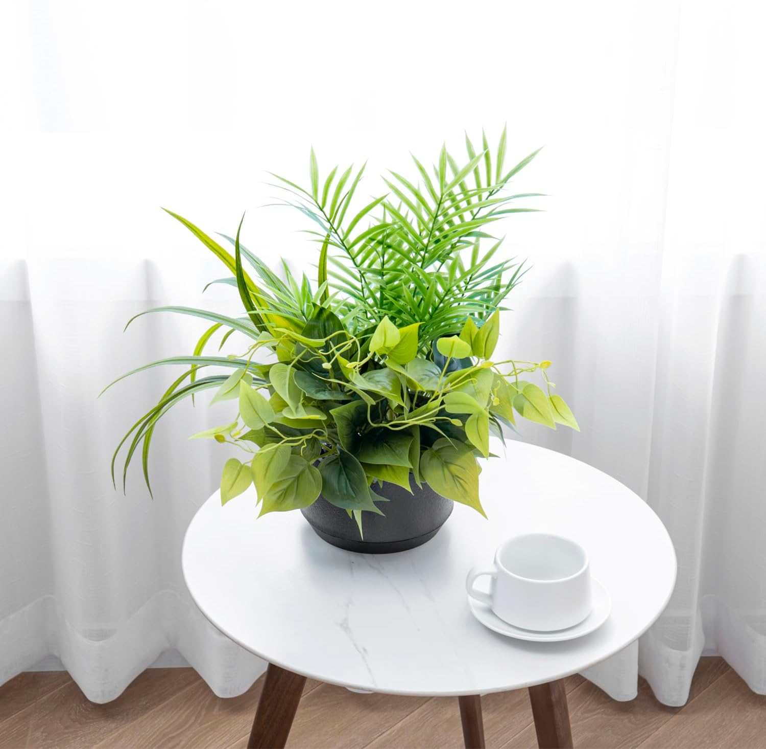 MyGift 15 Inch Artificial Palm and Vine Decor in Black Concrete Pot