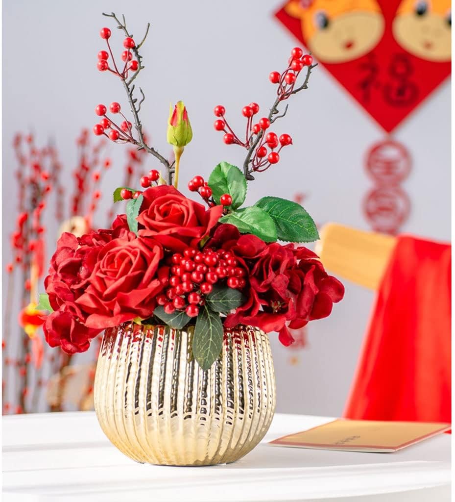 Artificial Flowers with Gold Ceramic Vase Set for Home Wedding Decor