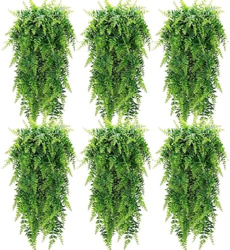 Lyrow 6 Pcs Artificial Hanging Plants 32 Inch Fake Boston Ferns Plastic Faux Decor