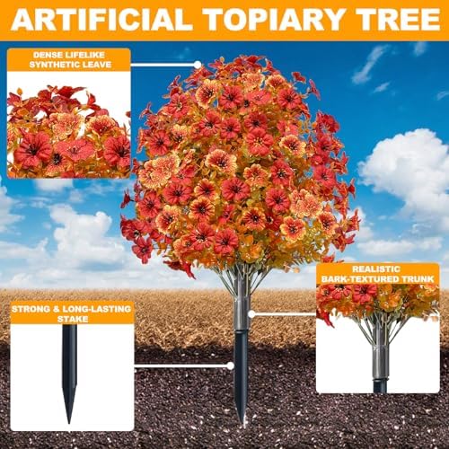 2 Pack Artificial Boxwood Topiary with Fall Mums Flowers