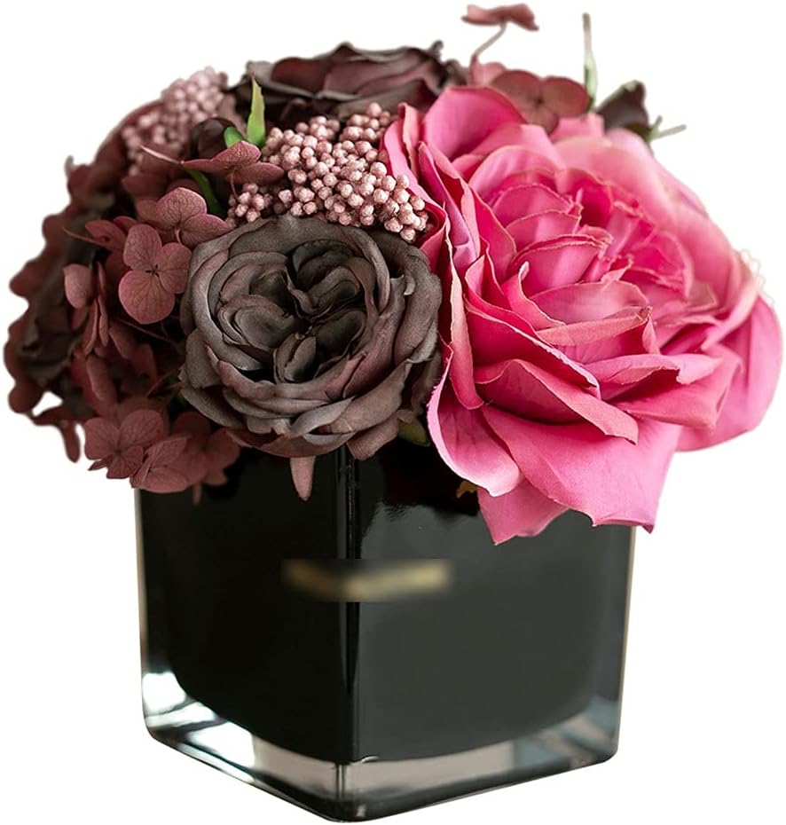 Artificial Rose Flower with Glass Vase for Home Decor