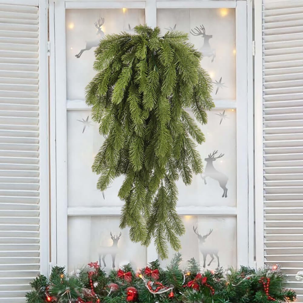 RECUTMS 2Pcs Artificial Christmas Teardrop Pine Needle Hanging Swag for Front Door Wall Home Decor