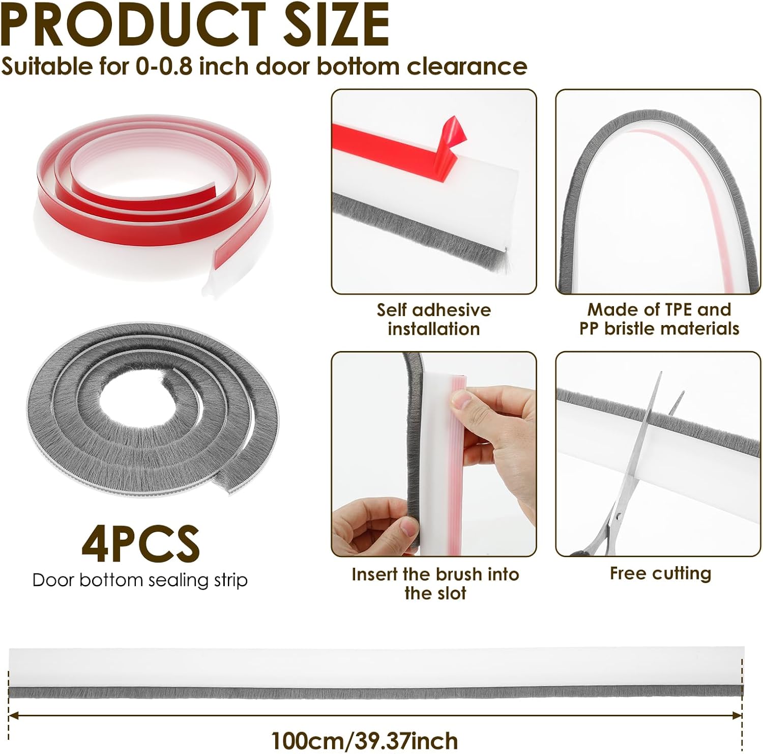 4 Pack Under Door Draft Stopper with Brush