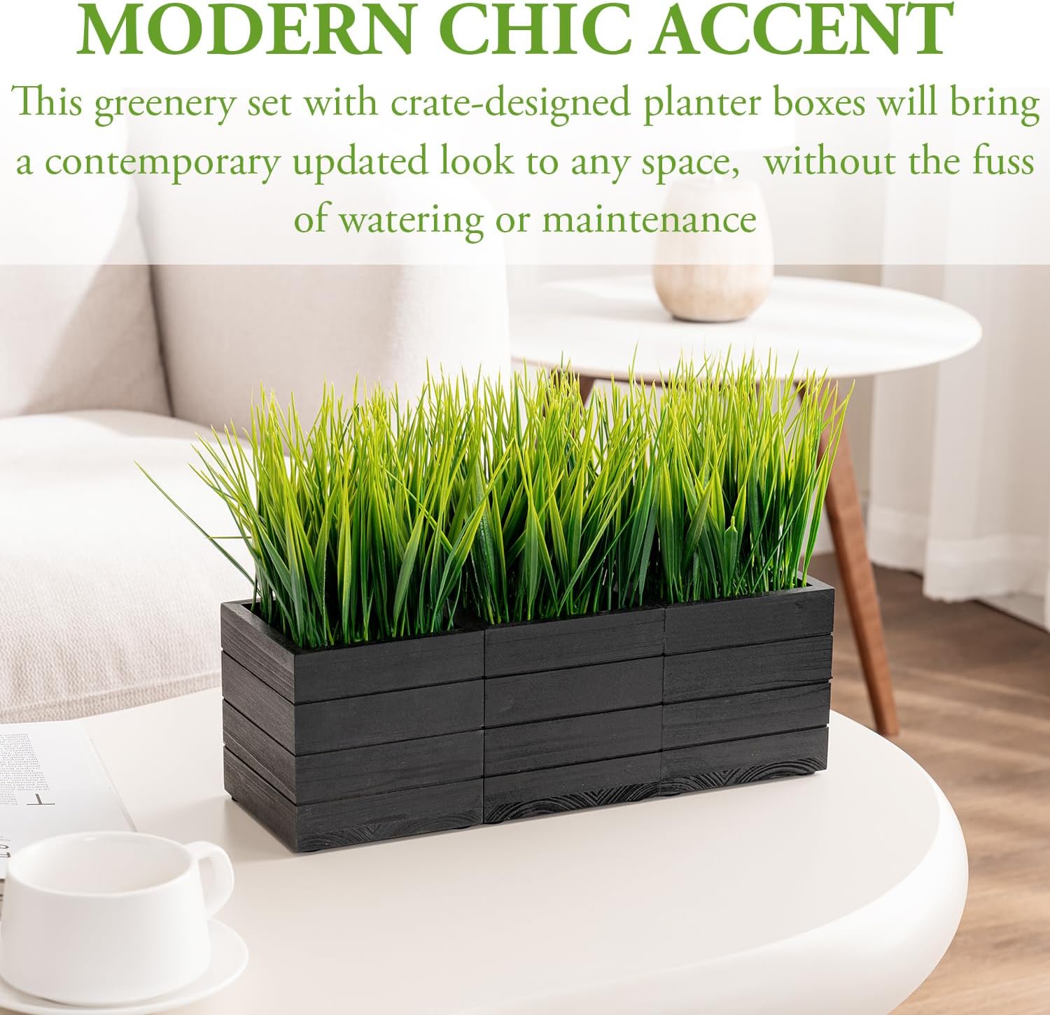 MyGift Artificial Grass Plants in Vintage Black Wood 4 Inch Planter Boxes Set of 3