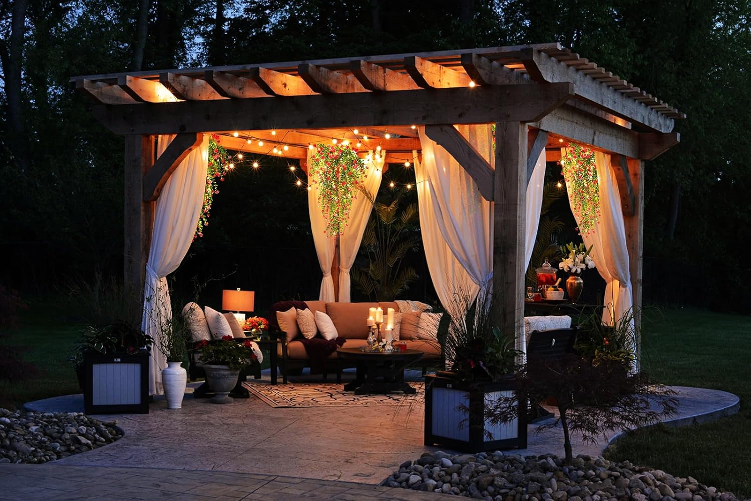 3 Pack Fake Hanging Plants with LED Lights for Outdoor Decor Red