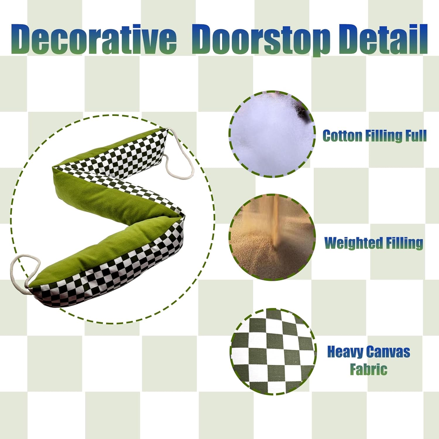 Heavy-Duty Door Draft Stopper with Handle - Green and White Fabric Floor Stopper for Interior and Exterior Doors