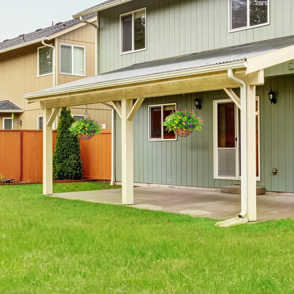 Artificial Hanging Plants with Basket for Outdoor Decor 2 Sets of 17 Inch Faux Flowers in Coconut Pot