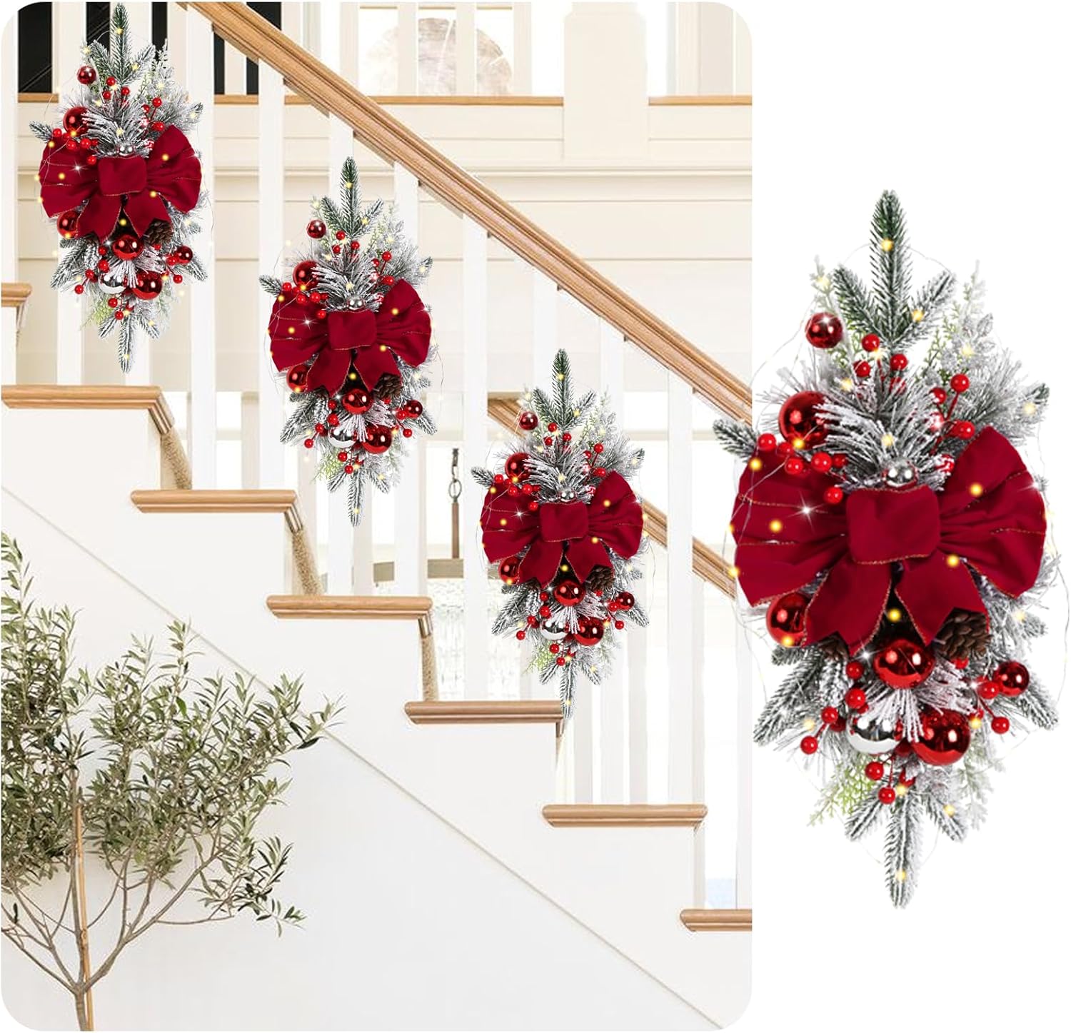 Red Artificial Christmas Teardrop Swag with Glitter Balls and Berries