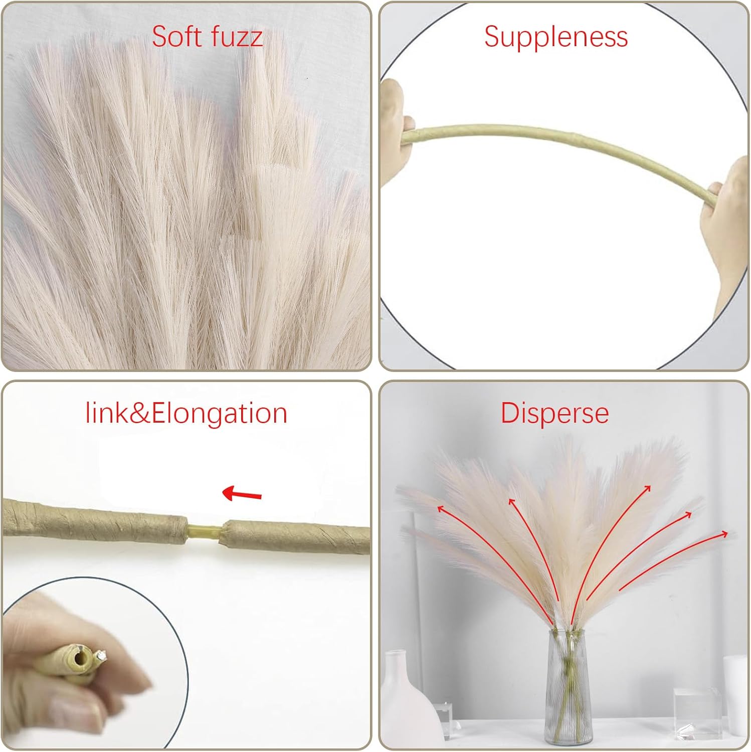 Vijiv Eco-Friendly Beige Artificial Pampas Grass Bundle 6 Stems 18