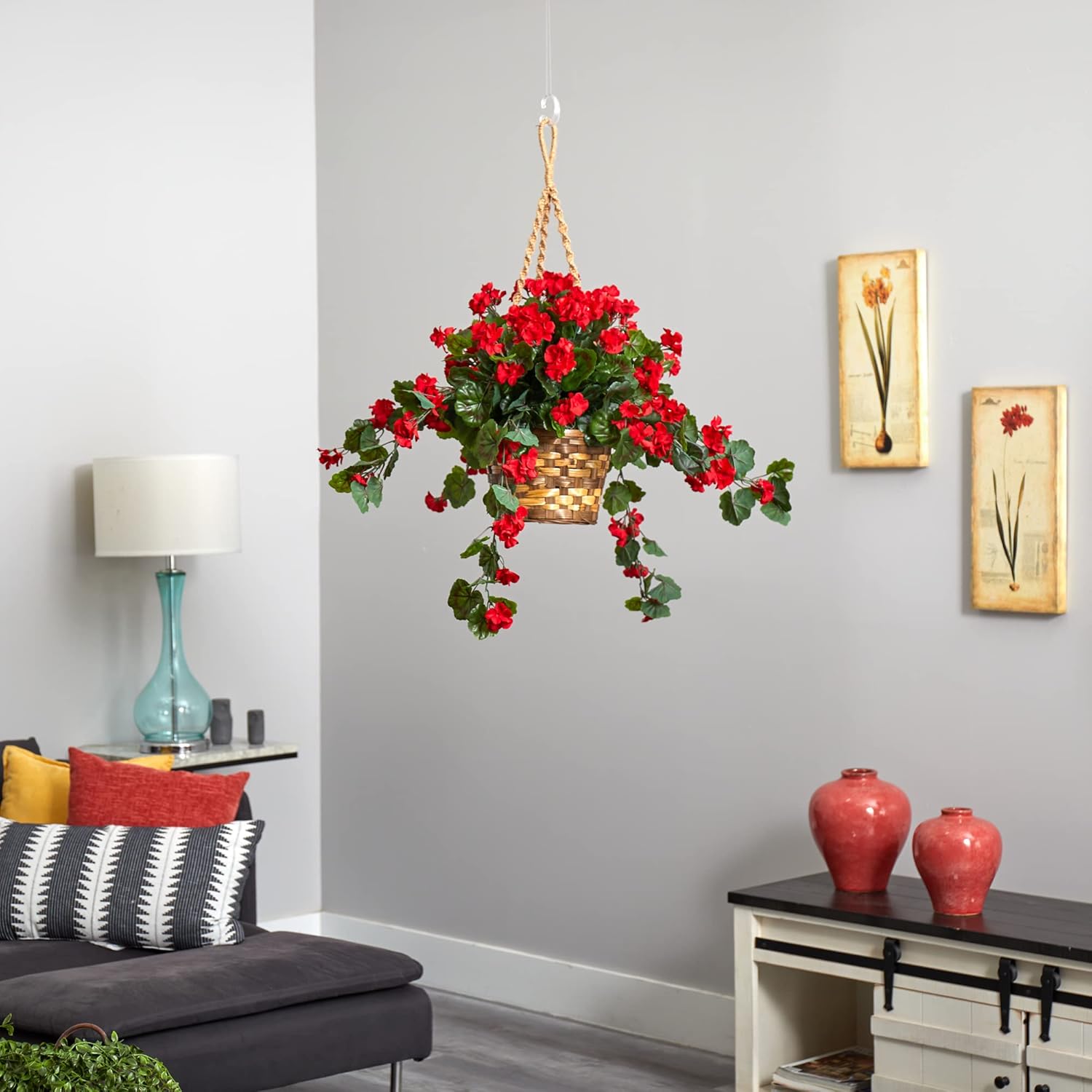 Nearly Natural Red Geranium Hanging Basket UV Resistant