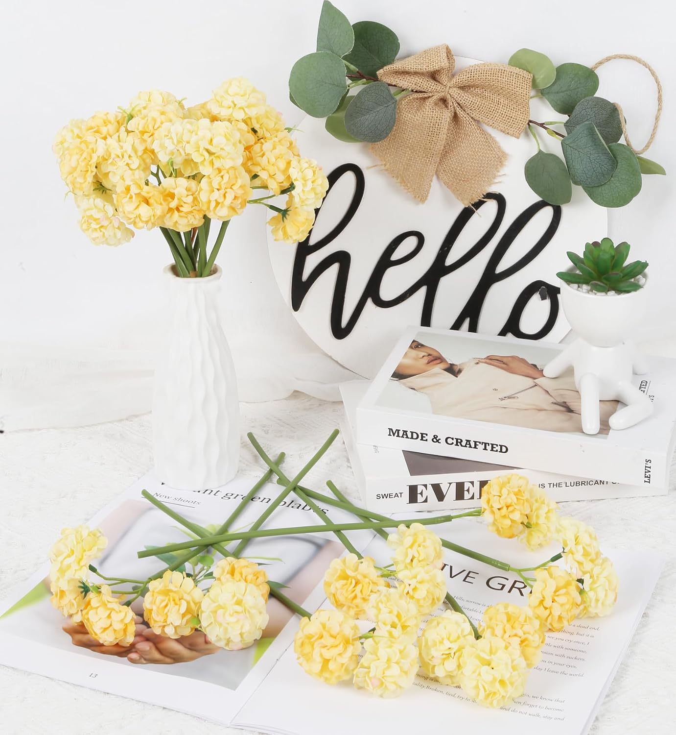 18 Pcs Yellow Hydrangea Artificial Flowers Bouquets Home Decor