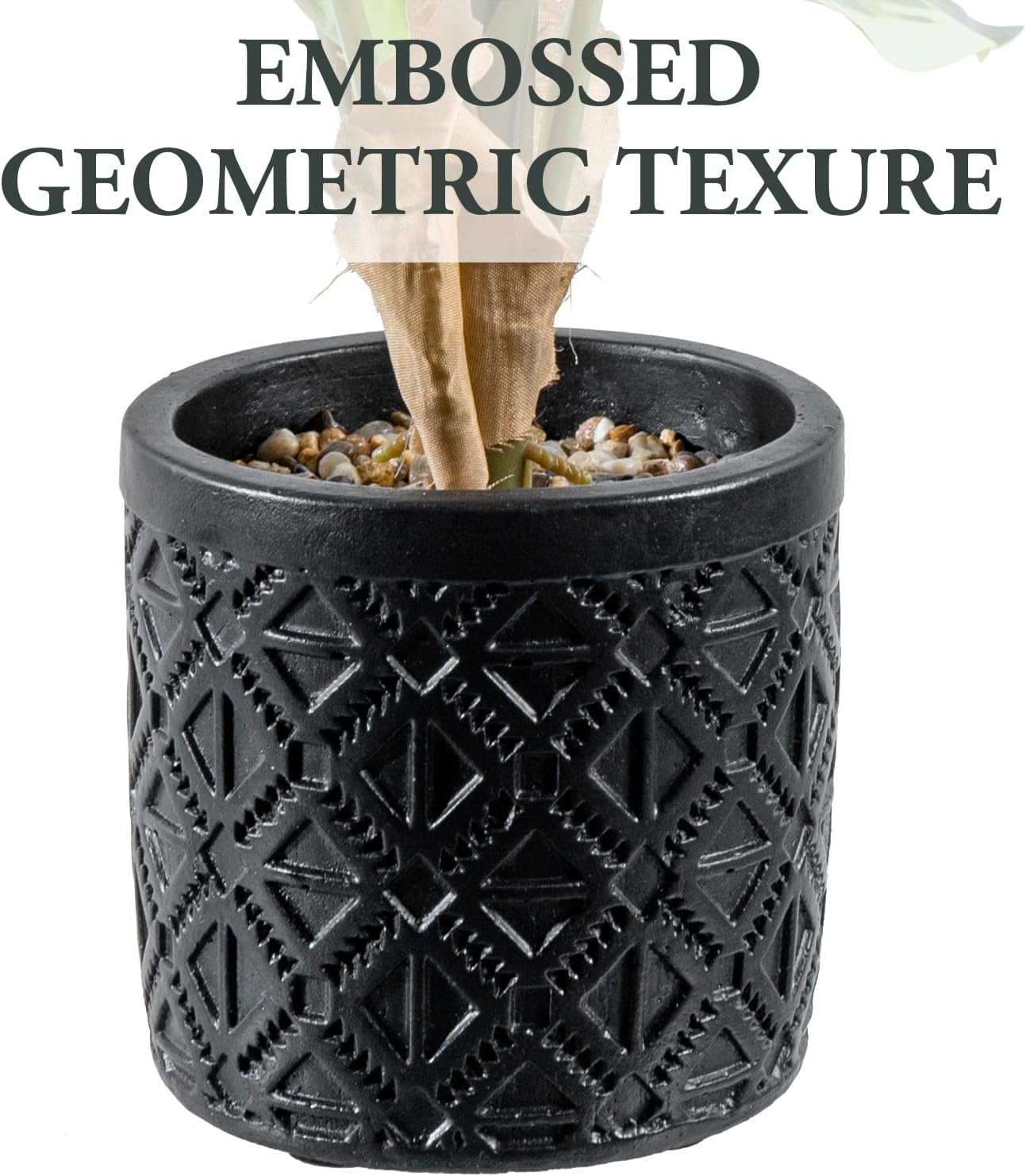 MyGift Artificial Dieffenbachia Plant in Black Concrete Pot with Geometric Design