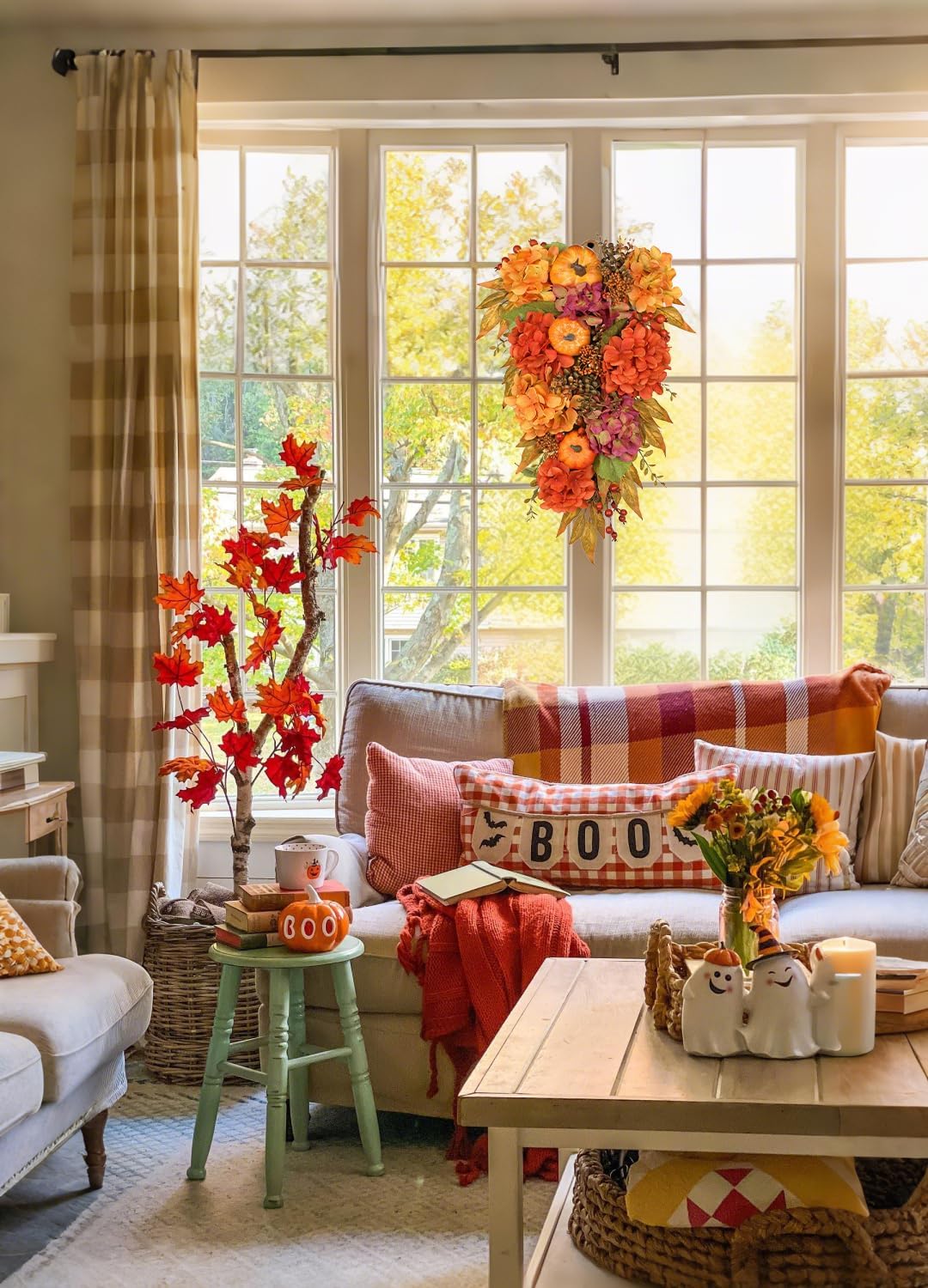 Artificial Teardrop Swag with Fake Hydrangeas and Pumpkins Fall Decor