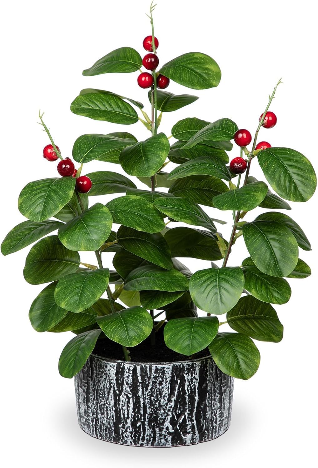 Artificial Ficus Plant with Red Seeds Rustic Black Ceramic Pot 14 Inch