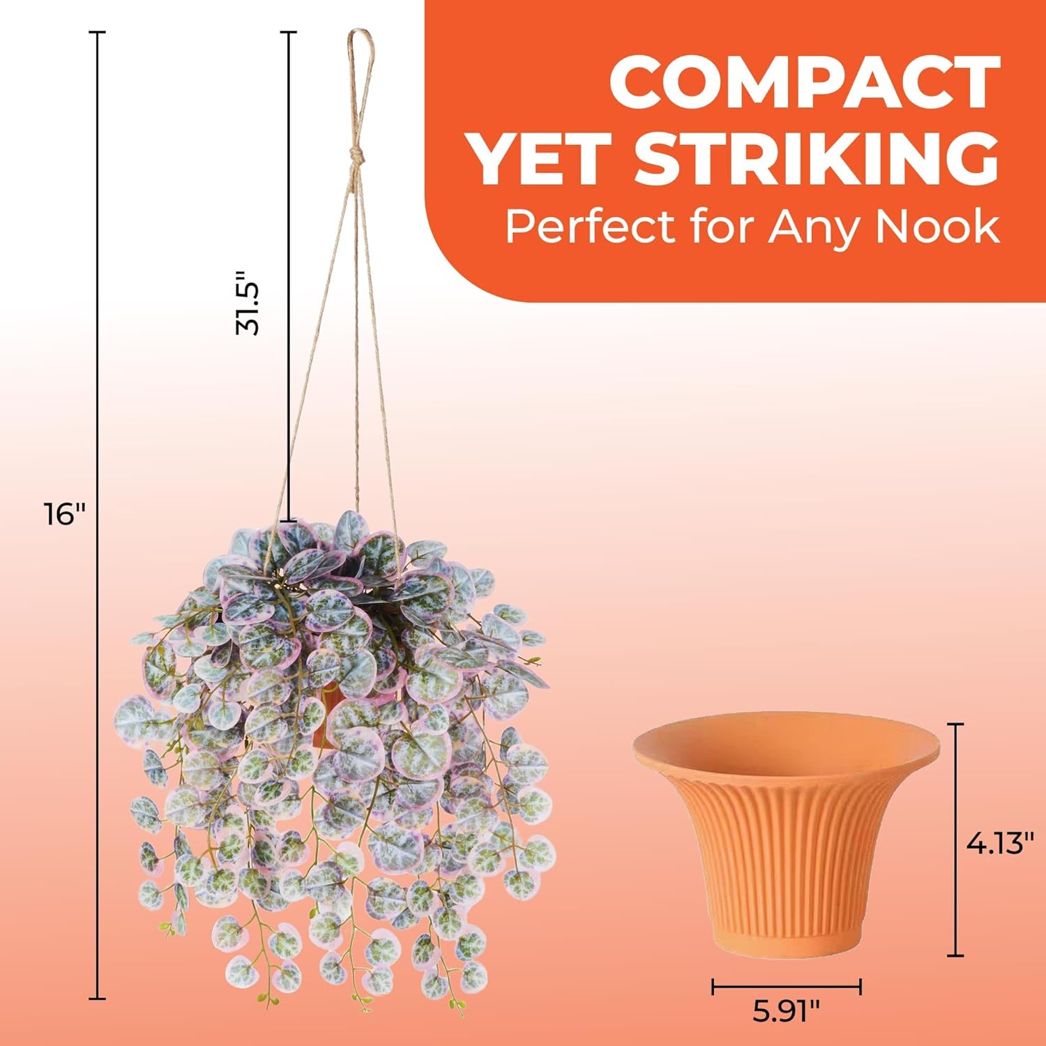 Faux Hanging Plant with Red Clay Pot 16 Inch Artificial Leaves for Indoor Decor