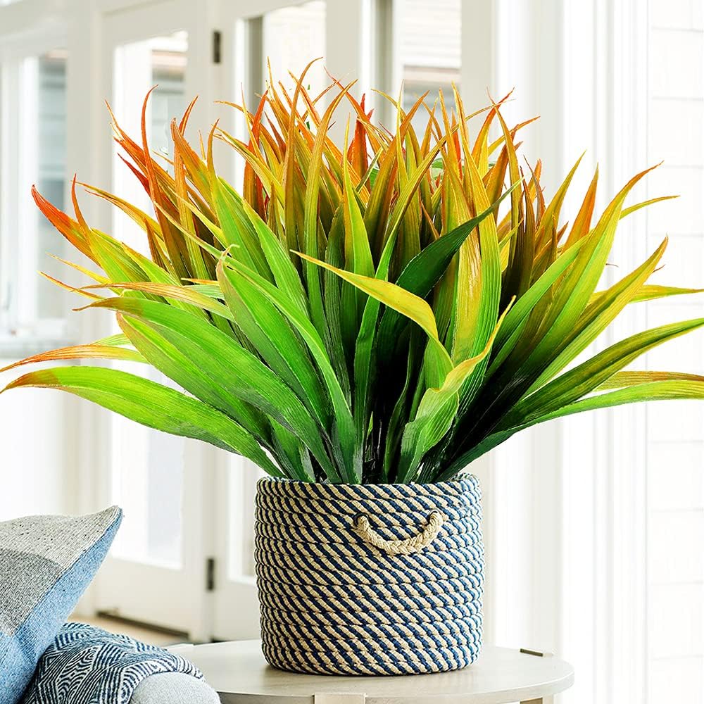 CLONG 4pcs Artificial Fake Grass Plants Plastic Greenery Set Orange Green