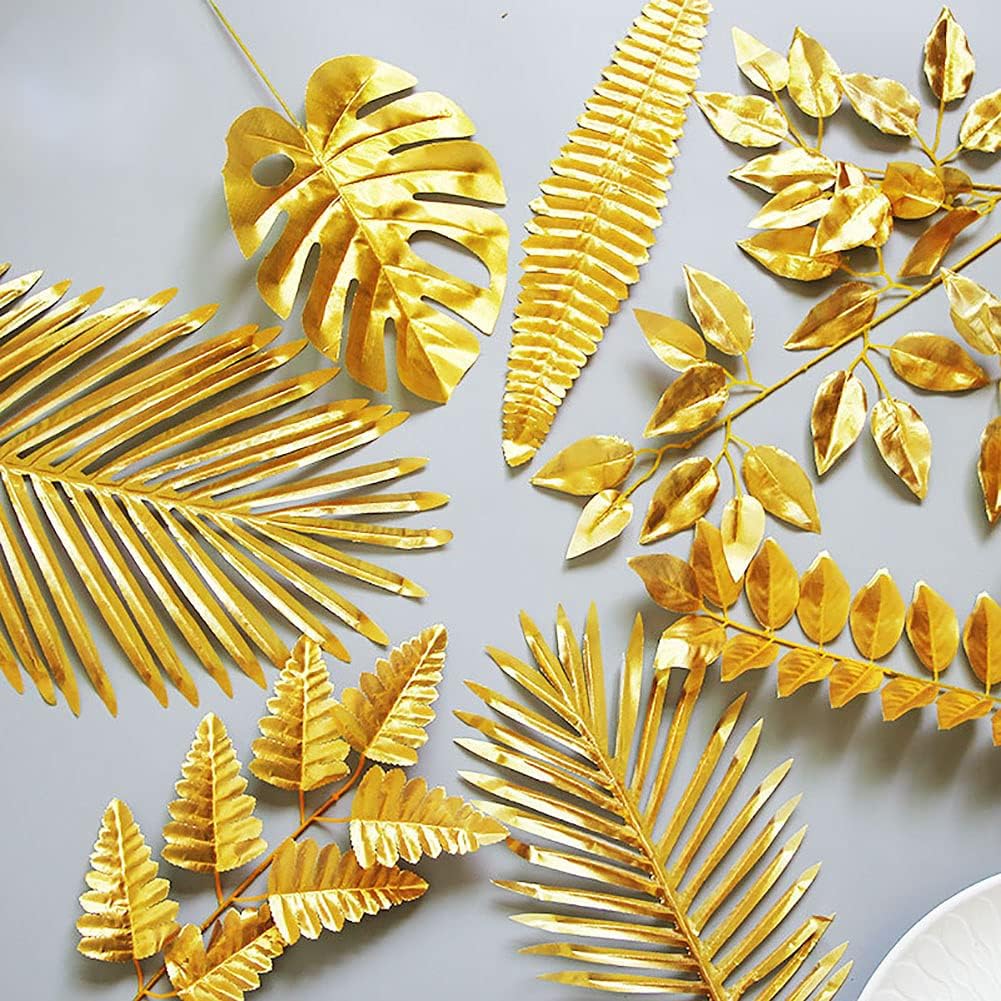 30PCS Artificial Golden Leaves Tropical Palm Faux Plants for Decor