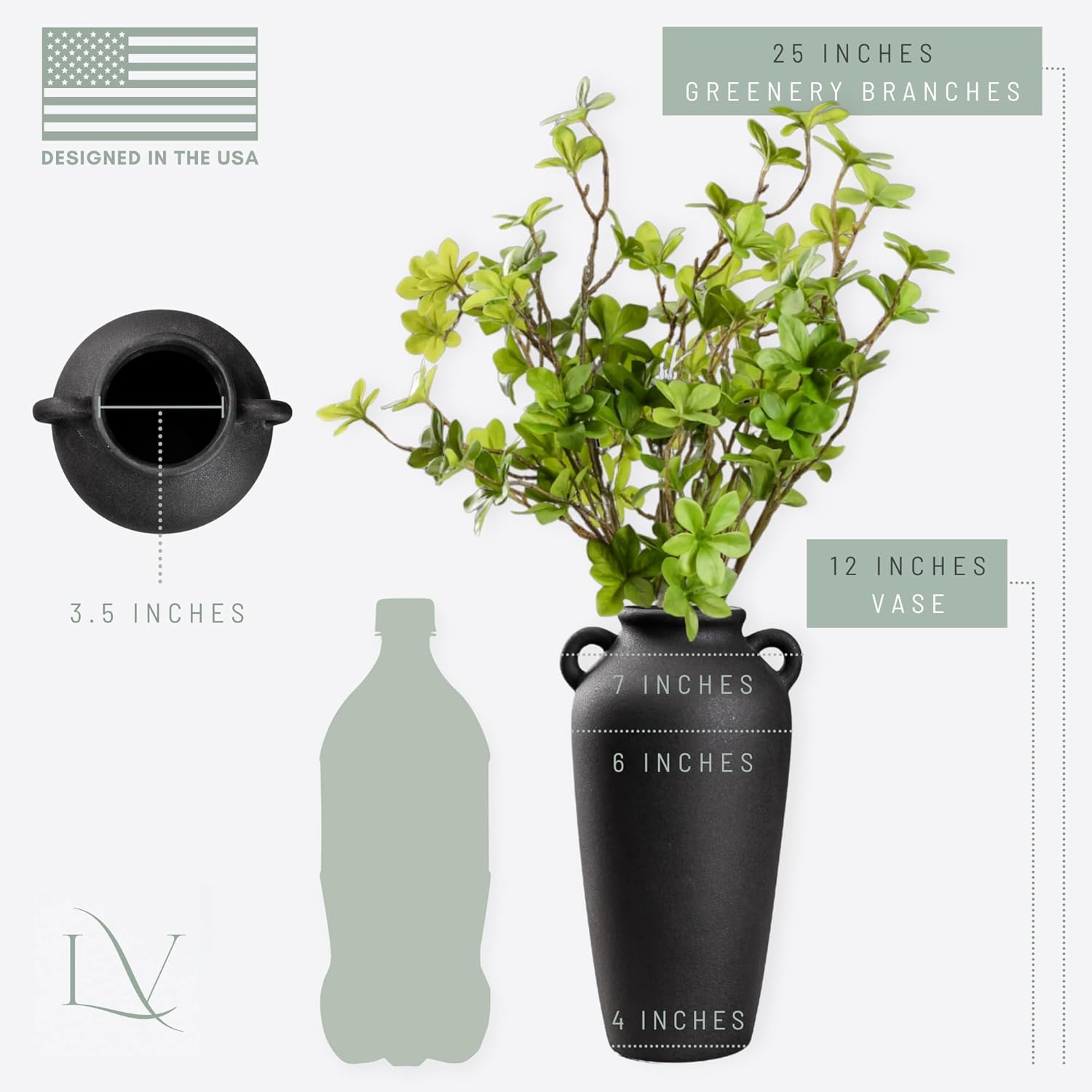 12 Inch Black Ceramic Vase with 5 Branches Artificial Greenery Set