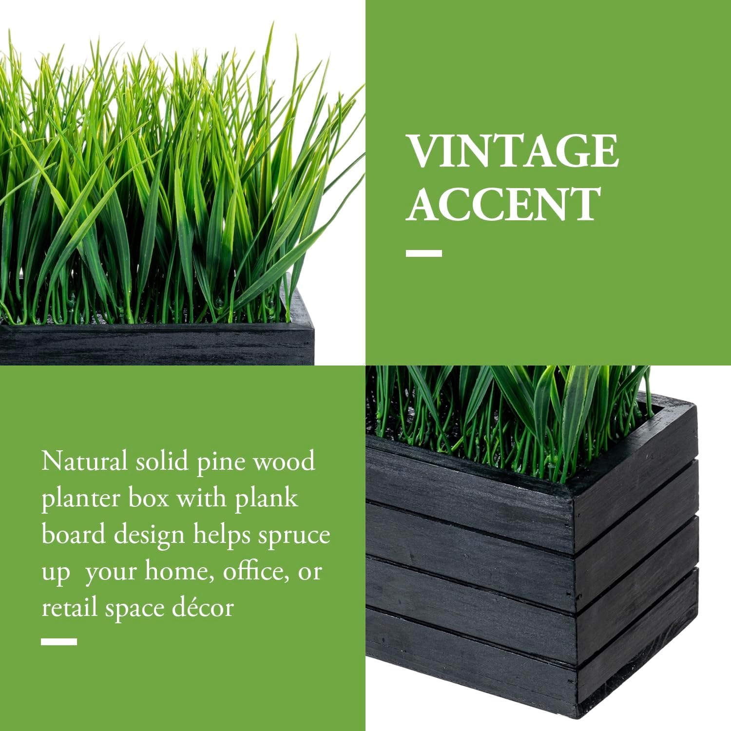 MyGift 14 Inch Artificial Grass in Vintage Black Wood Planter