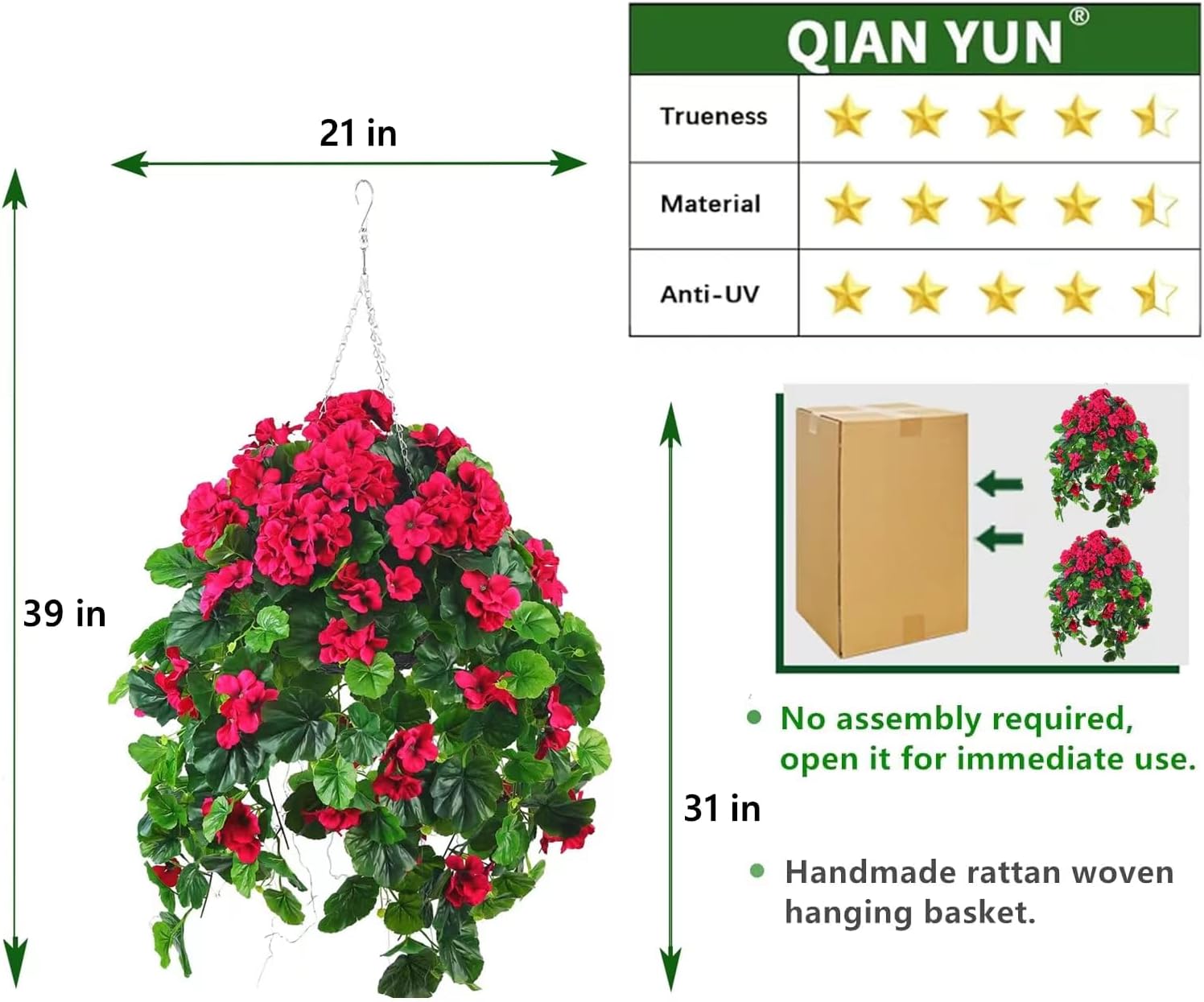 QIANYUN 2PCS Fake Hanging Plants with Red Geranium Flowers