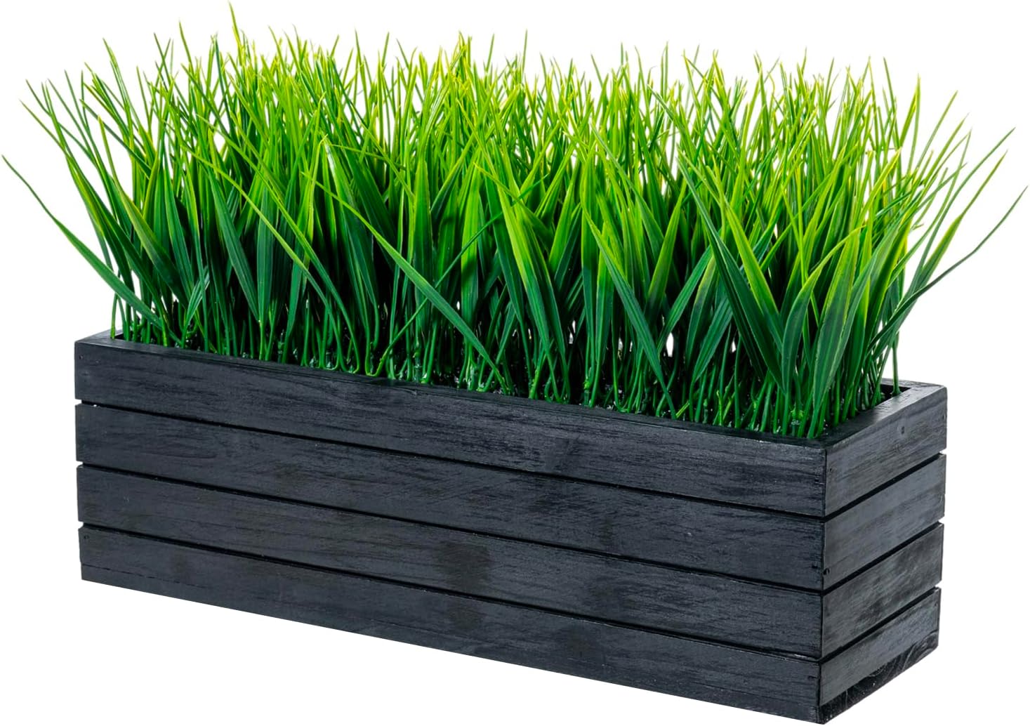 MyGift 14 Inch Artificial Grass in Vintage Black Wood Planter