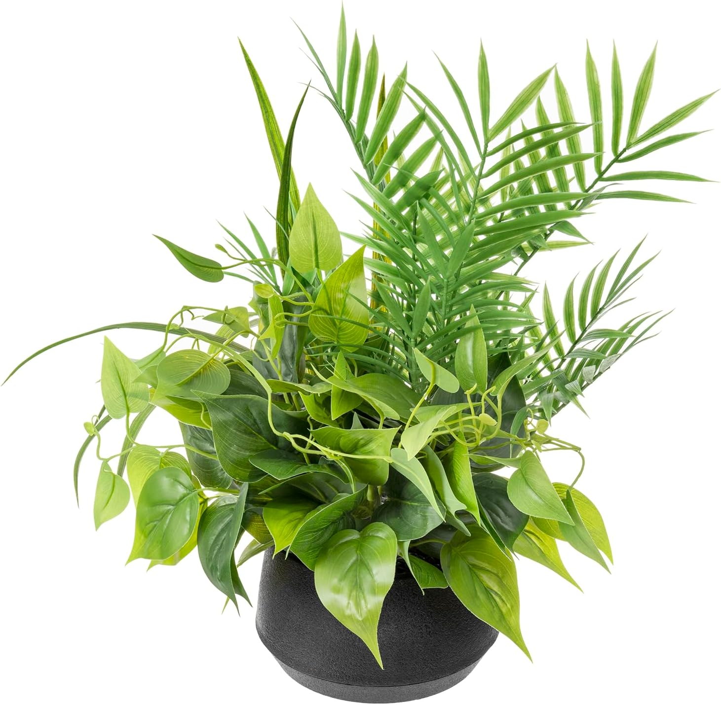 MyGift 15 Inch Artificial Palm and Vine Decor in Black Concrete Pot