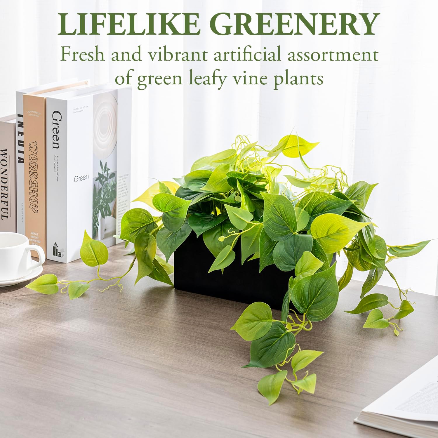 MyGift Artificial Pothos Plant in Black Concrete Planter