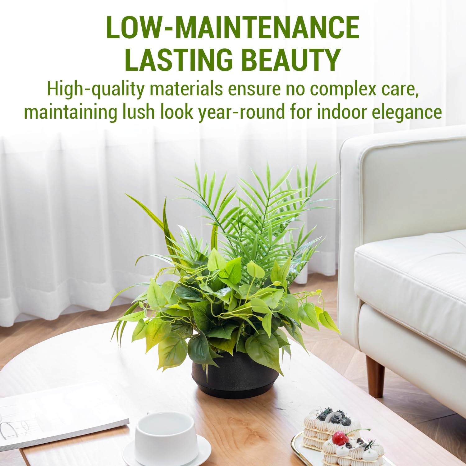 MyGift 15 Inch Artificial Palm and Vine Decor in Black Concrete Pot