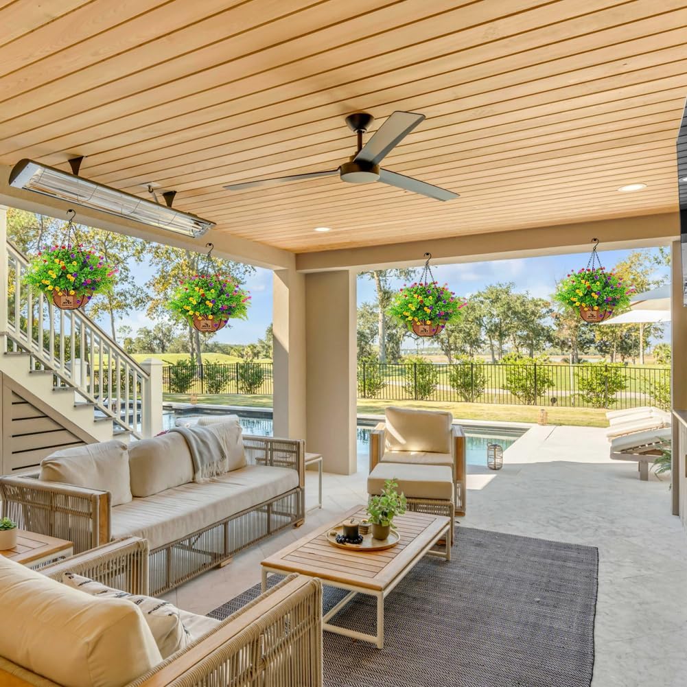 Artificial Hanging Plants with Basket for Outdoor Decor 2 Sets of 17 Inch Faux Flowers in Coconut Pot