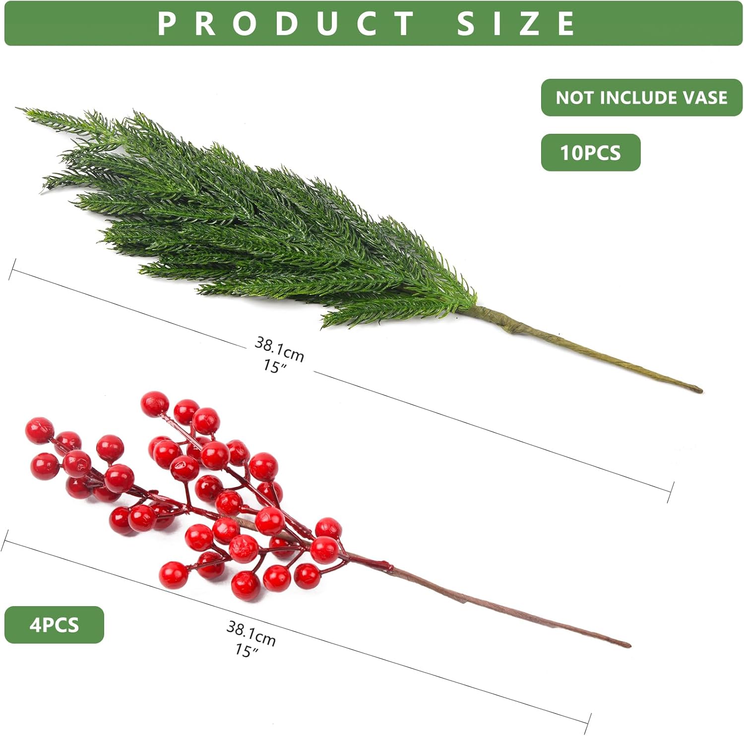 10 Pcs Christmas Norfolk Pine Stems with Red Berries for Decor