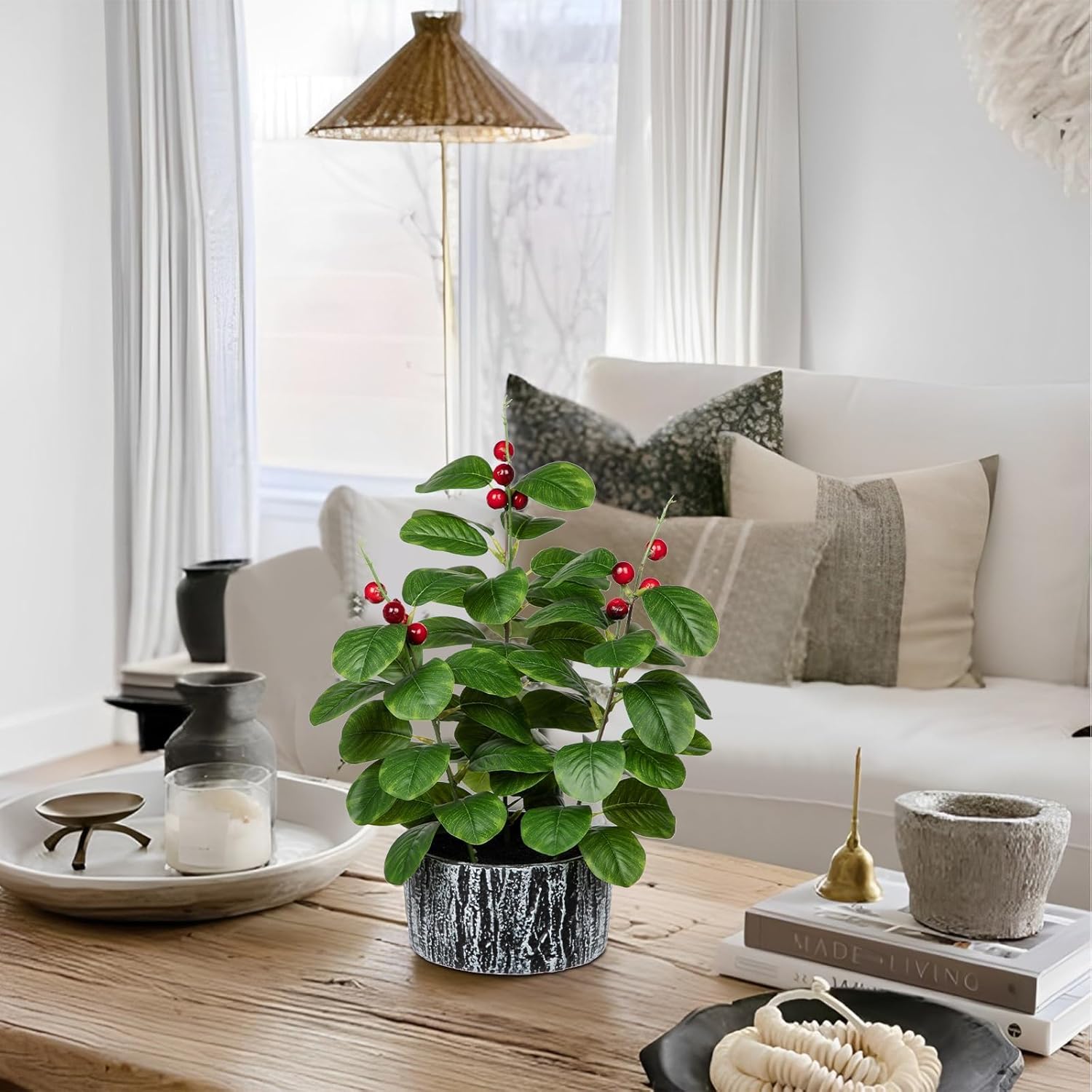 Artificial Ficus Plant with Red Seeds Rustic Black Ceramic Pot 14 Inch