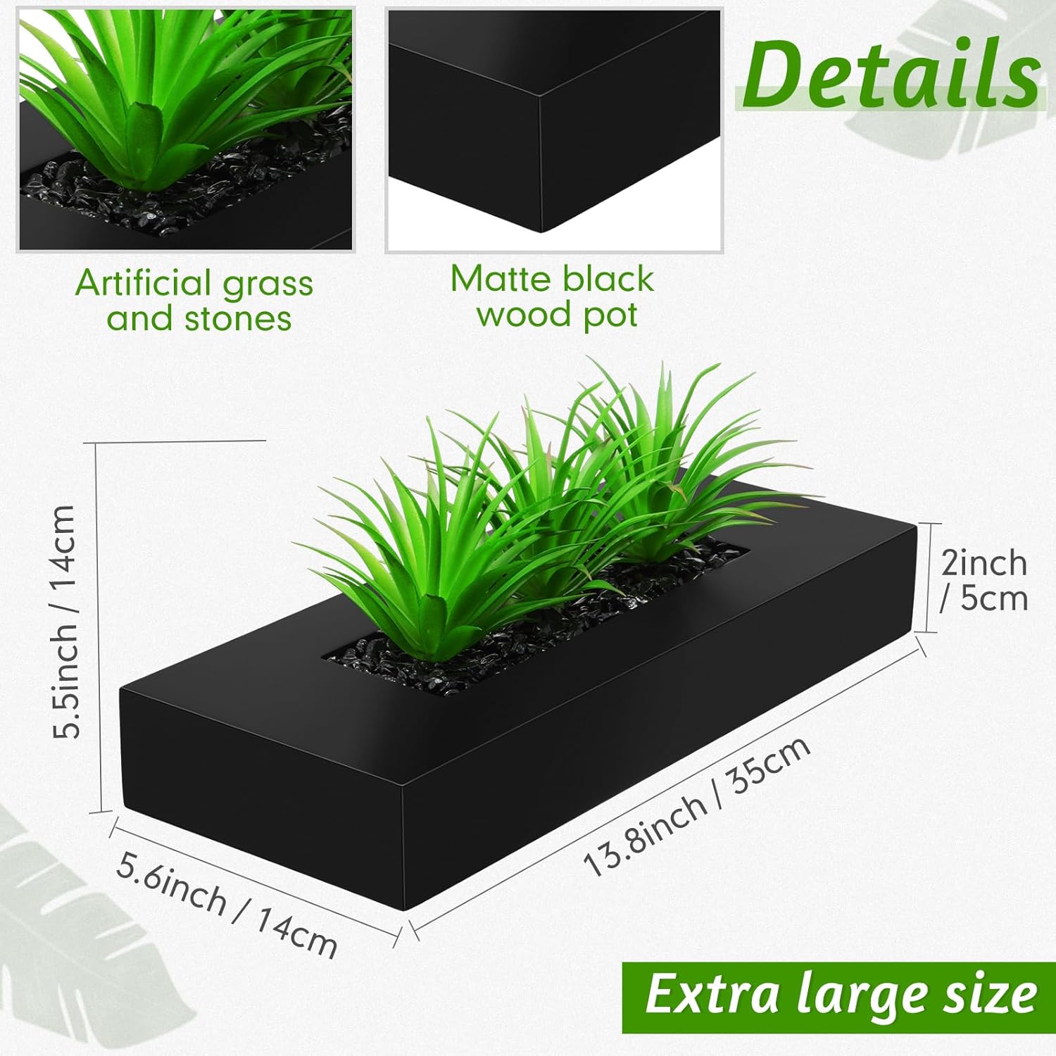 Hotop 2 Pcs Artificial Green Grass Plants in Black Wooden Rectangle Planter Pots