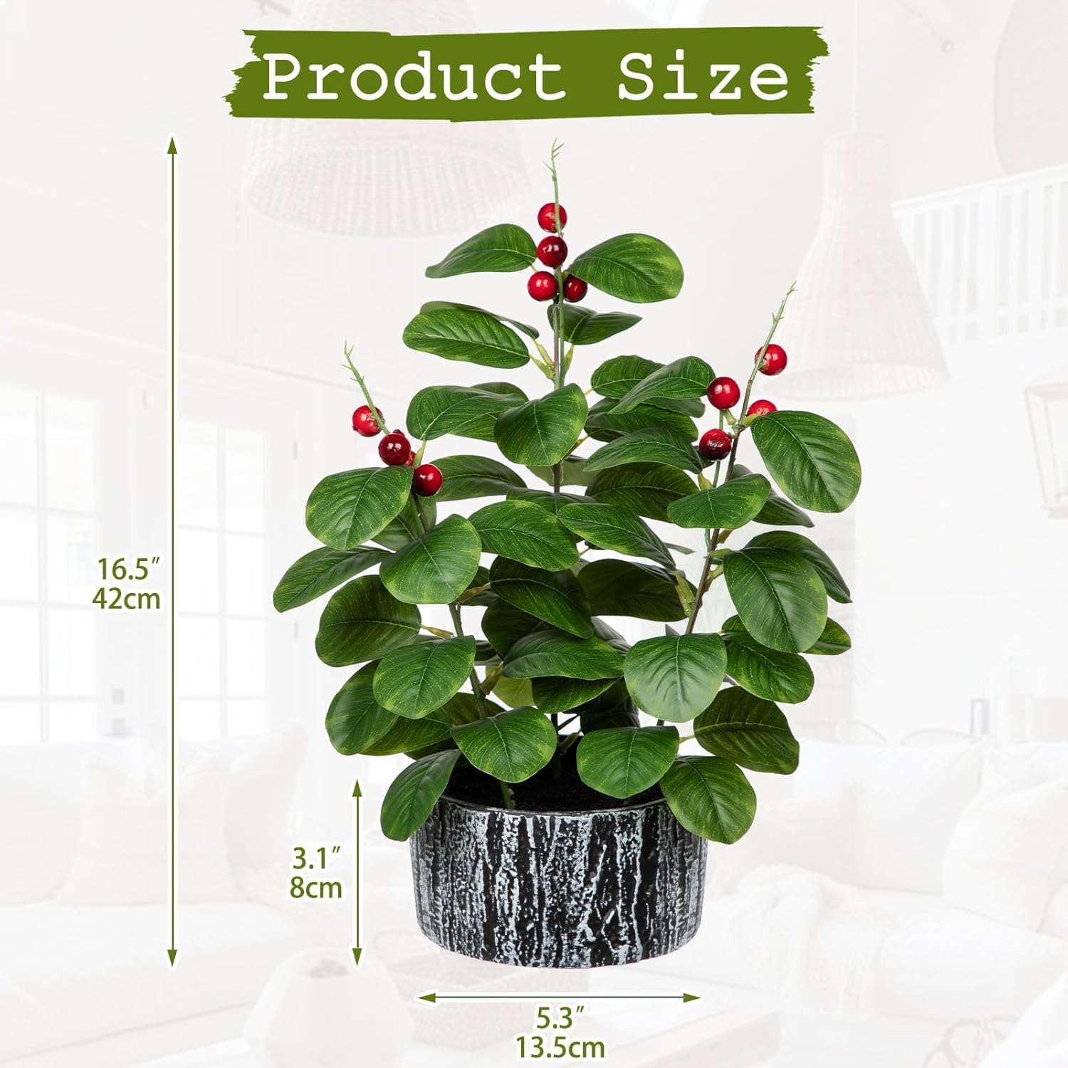 Artificial Ficus Plant with Red Seeds Rustic Black Ceramic Pot 14 Inch