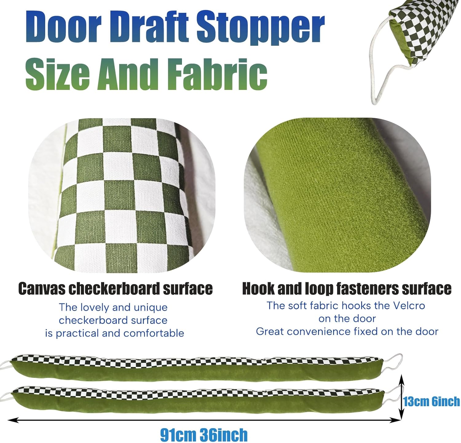 2 Pack Heavy-Duty Door Draft Stopper with Handle - Green and White Lattice Design