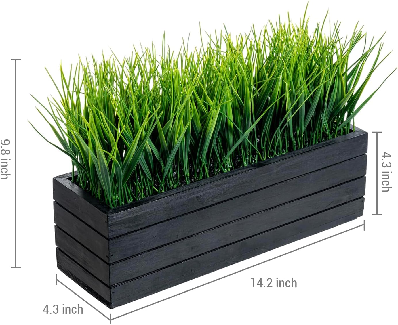 MyGift 14 Inch Artificial Grass in Vintage Black Wood Planter